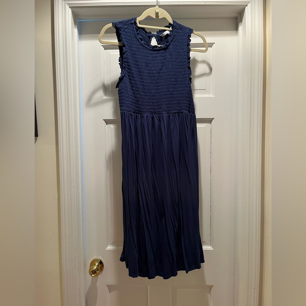 Summer smocked top, navy midi dress. Size M